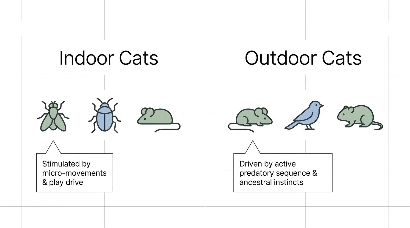 An infographic comparing the common prey and hunting motivations of indoor cats versus outdoor cats.