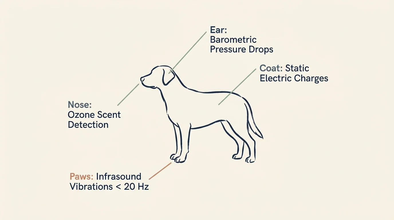 An infographic diagram showing how a dog senses a storm through pressure, static electricity, infrasound, and scent.