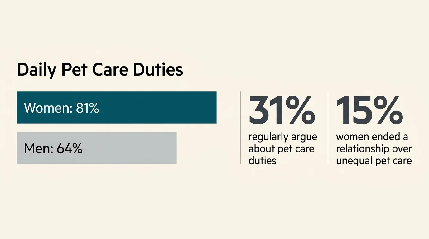 An infographic showing that 81% of women do daily pet care versus 64% of men, and 31% of owners argue over duties.