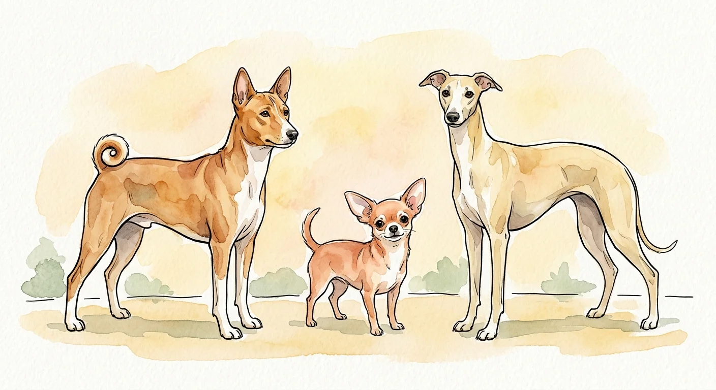 An ink and watercolor illustration of a Basenji, a Chihuahua, and a Whippet standing in a warm-toned lineup.