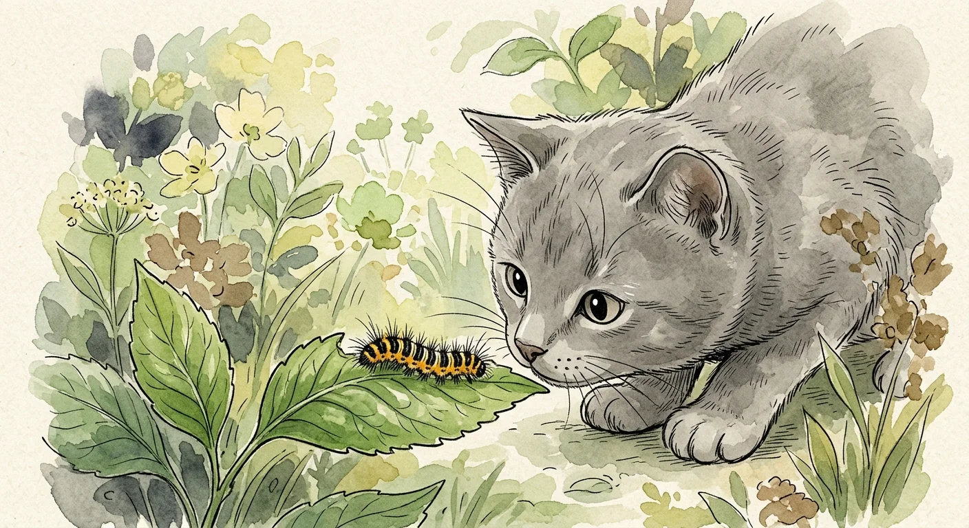 An ink and watercolor illustration of a curious grey cat inspecting a bright orange caterpillar on a leaf.