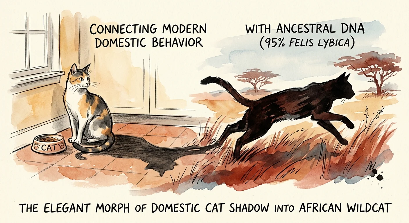 An ink and watercolor illustration of a domestic cat whose shadow forms the silhouette of an African wildcat ancestor.
