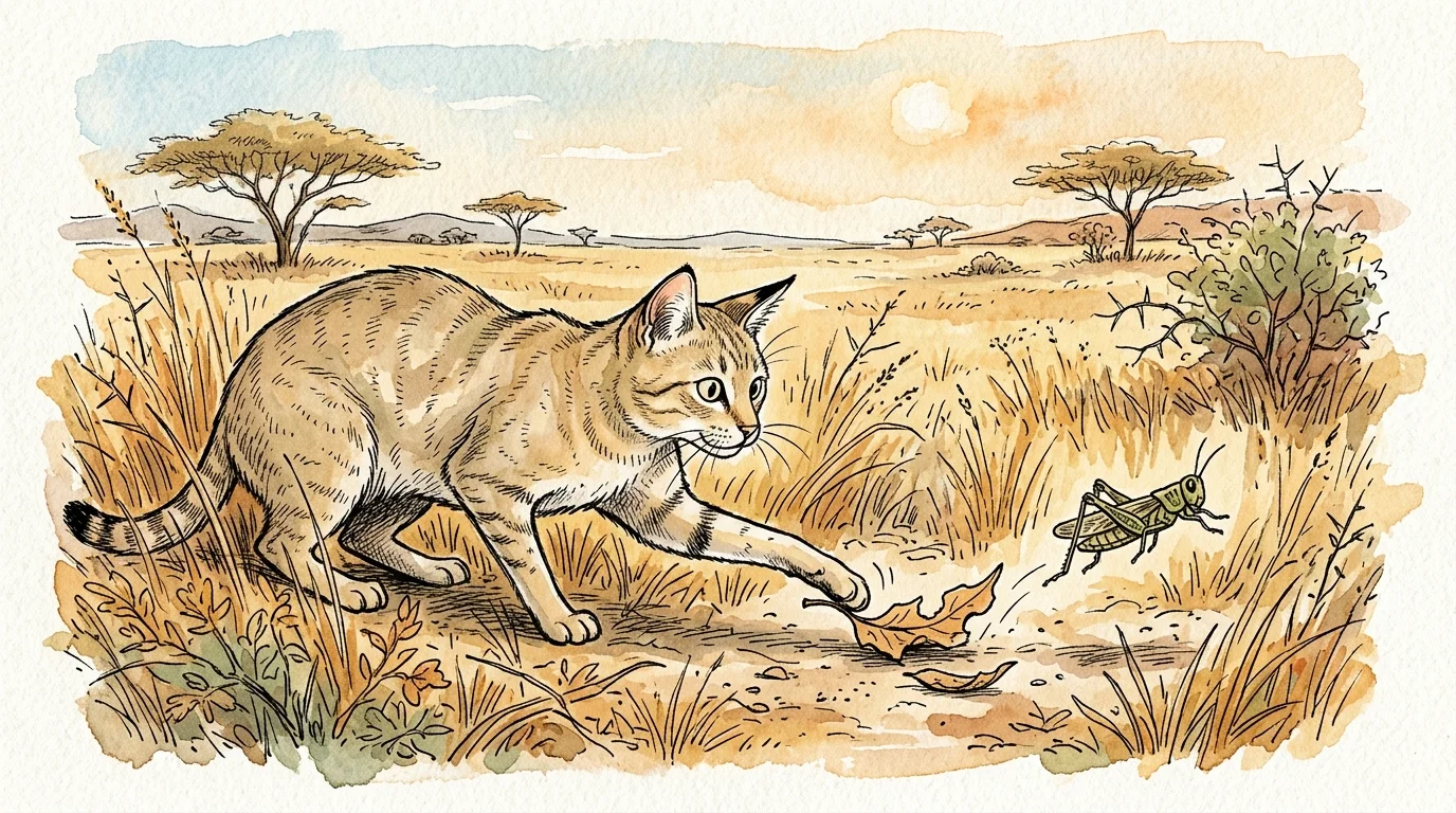 An ink and watercolor illustration of an African wildcat in savannah grass tapping a leaf to startle a hidden insect.