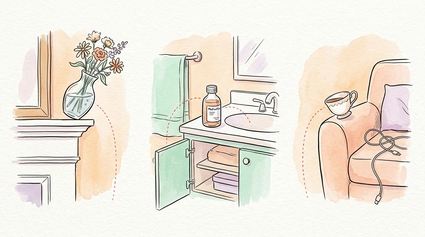 An ink and watercolor illustration showing household danger zones like a fragile vase, medicine bottles, and hot coffee near edges.
