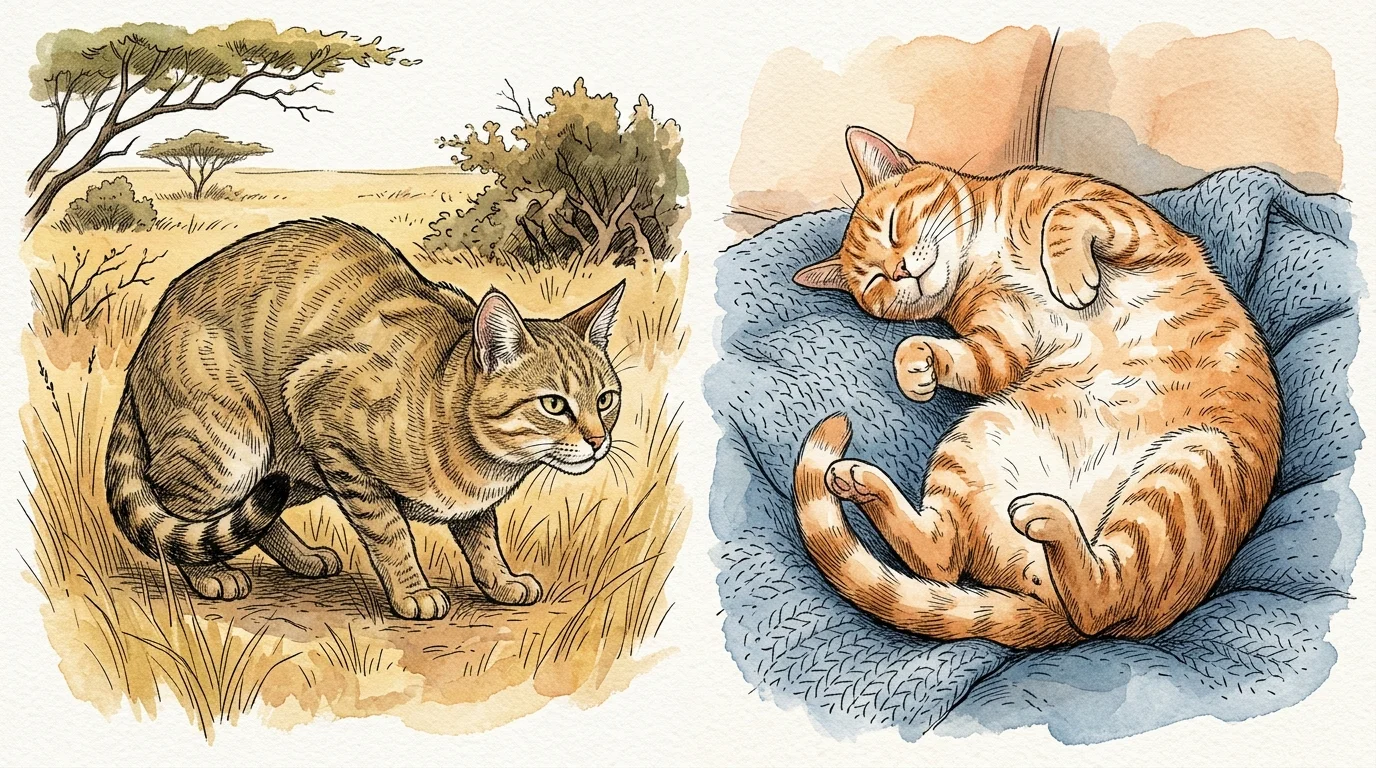 An ink and watercolor split illustration of a wildcat alert in the savannah versus a modern cat sleeping safely on a blanket.
