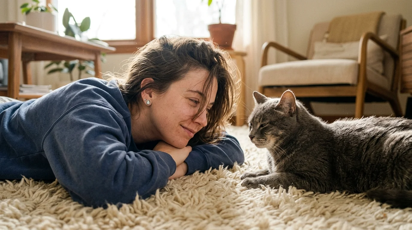 An intimate, eye-level photo of a person lying on a rug, slow-blinking at their relaxed grey cat in a sunlit living room.