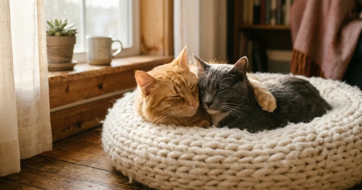 An orange tabby and a grey cat sleeping cuddled head-to-head in a cozy cream bed, showcasing a deep social bond.