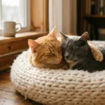 An orange tabby and a grey cat sleeping cuddled head-to-head in a cozy cream bed, showcasing a deep social bond.