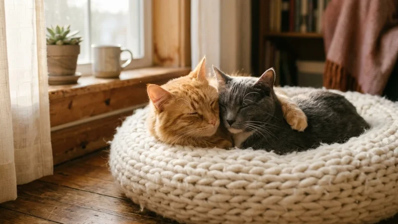An orange tabby and a grey cat sleeping cuddled head-to-head in a cozy cream bed, showcasing a deep social bond.