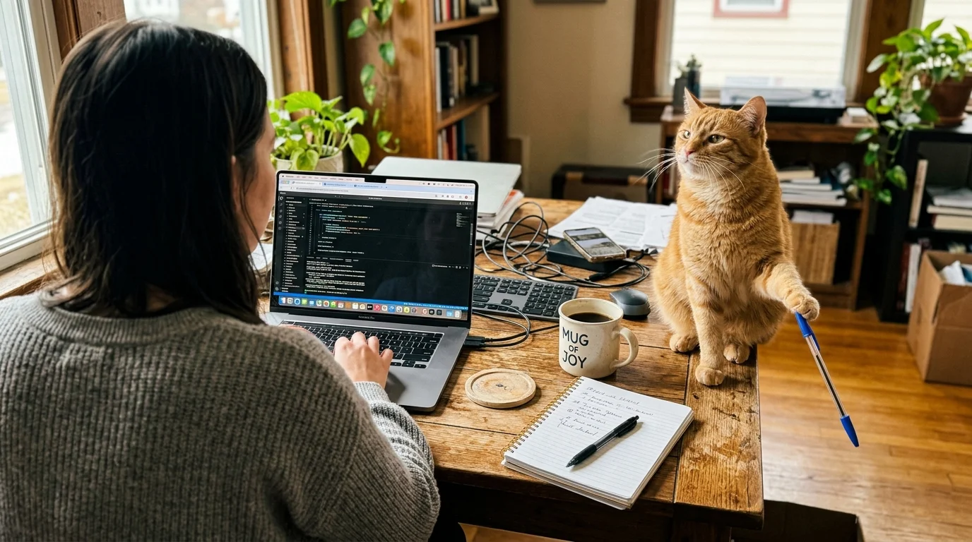 An orange tabby cat on a home office desk swats a pen off the edge while its owner works on a laptop.