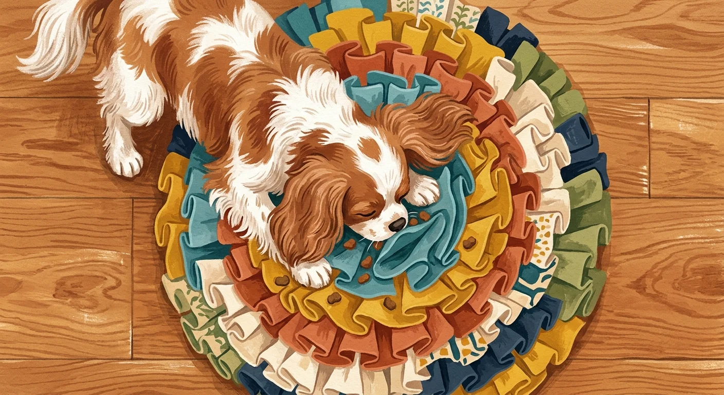 An overhead gouache illustration of a Cavalier King Charles Spaniel playing with a colorful fabric snuffle mat.