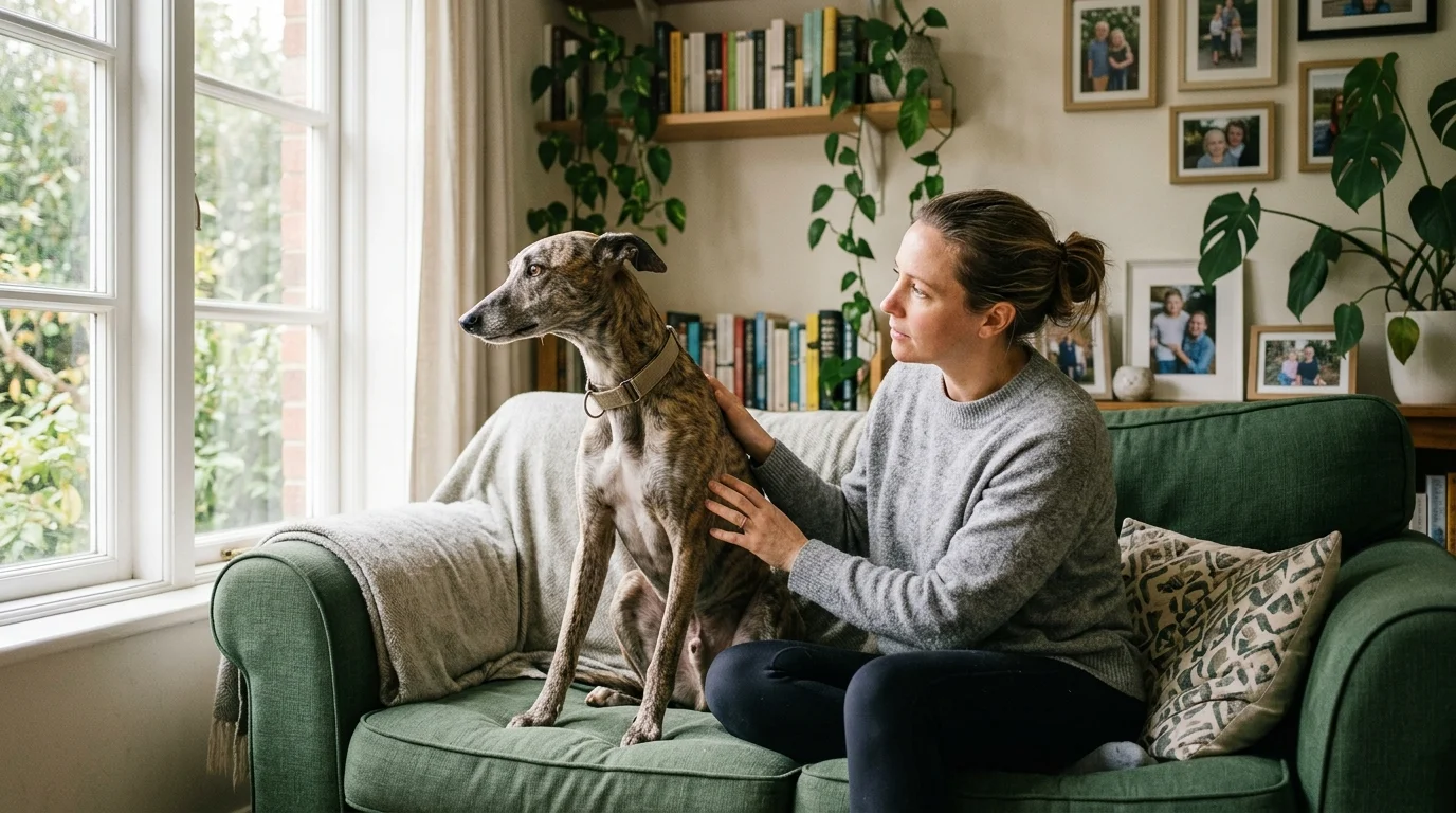 An owner gently comfort-touching their slightly anxious greyhound mix on a cozy sofa in a sun-dappled living room.