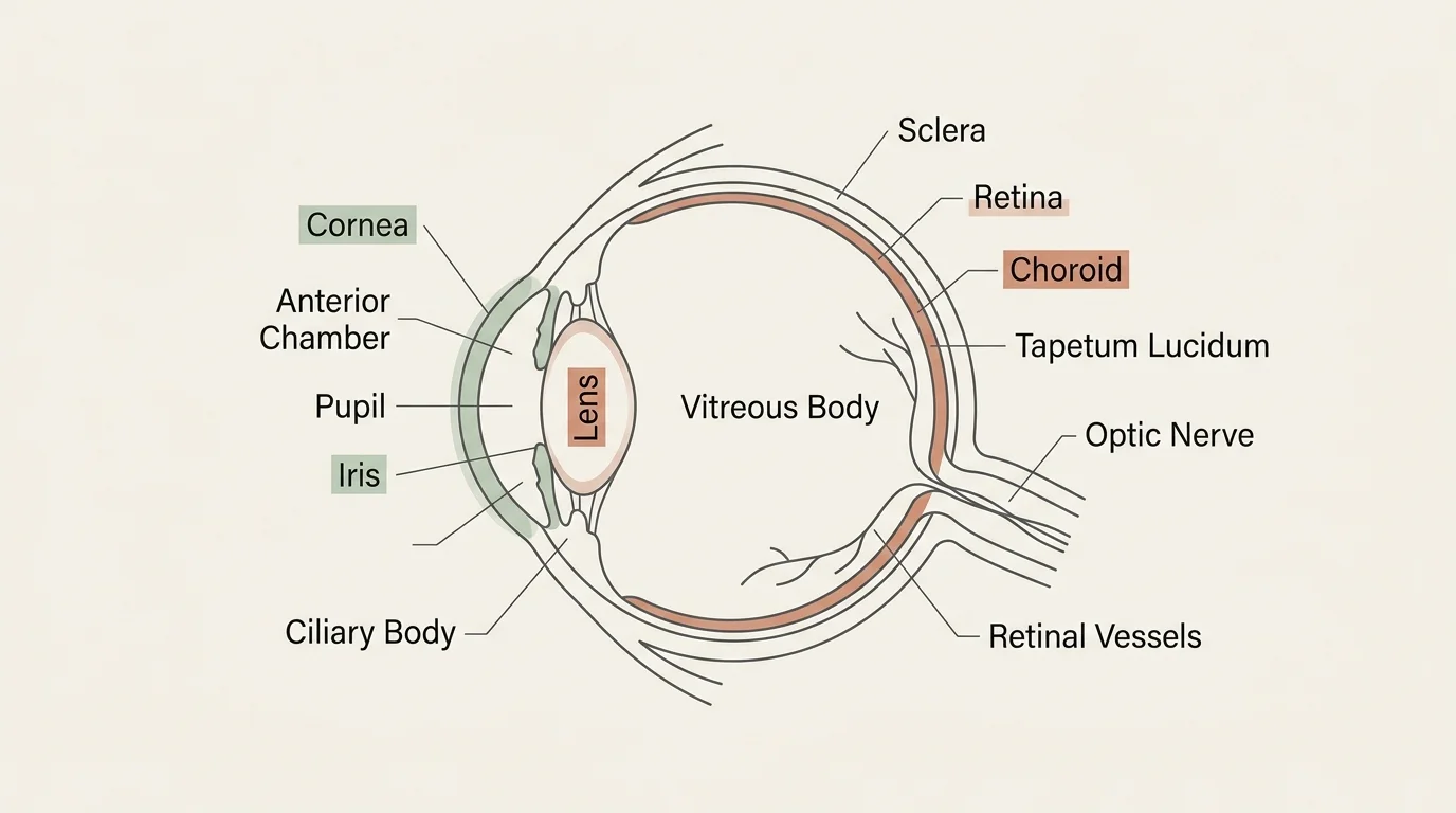 Anatomical cross-section diagram of a canine eye, labeling the cornea, lens, retina, and choroid.
