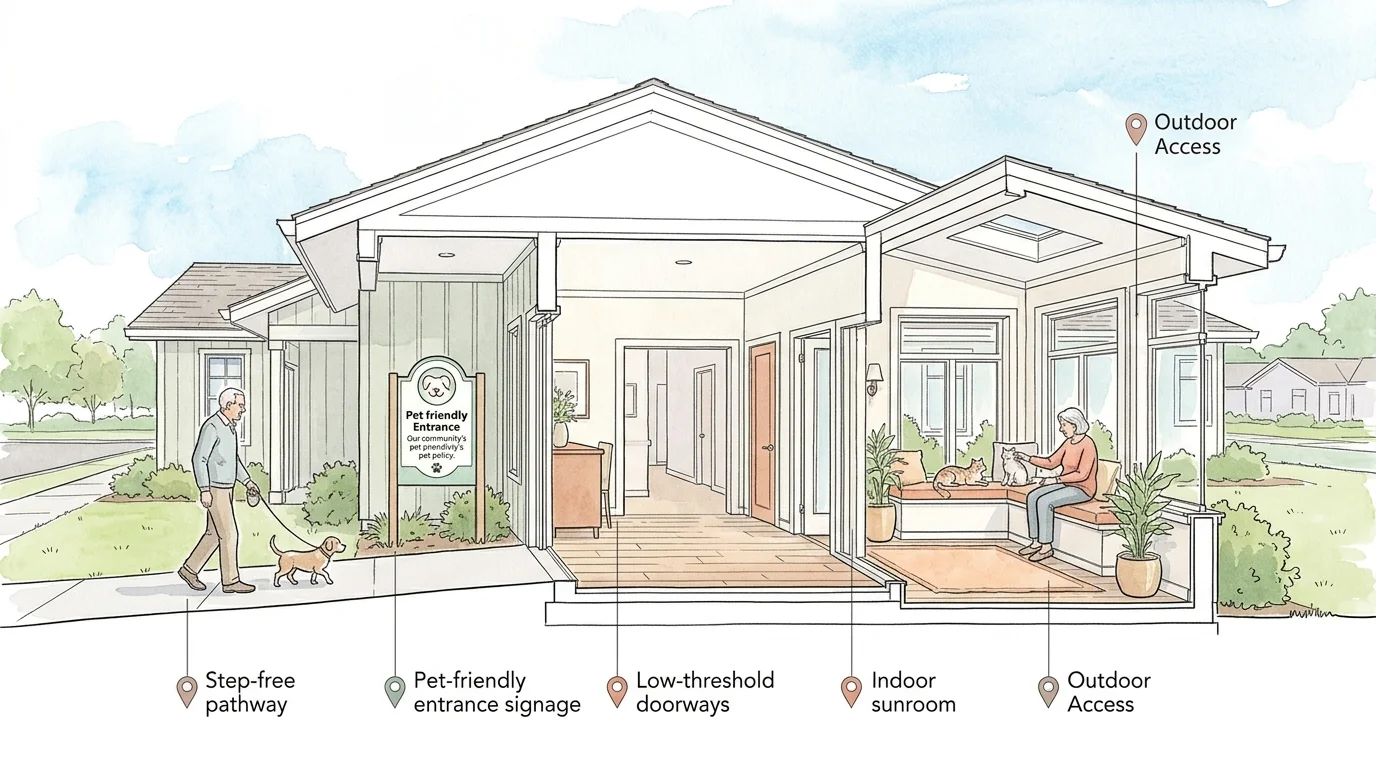 Architectural cutaway of a senior home with labeled pet-friendly features, a man walking a dog, and a woman with cats.
