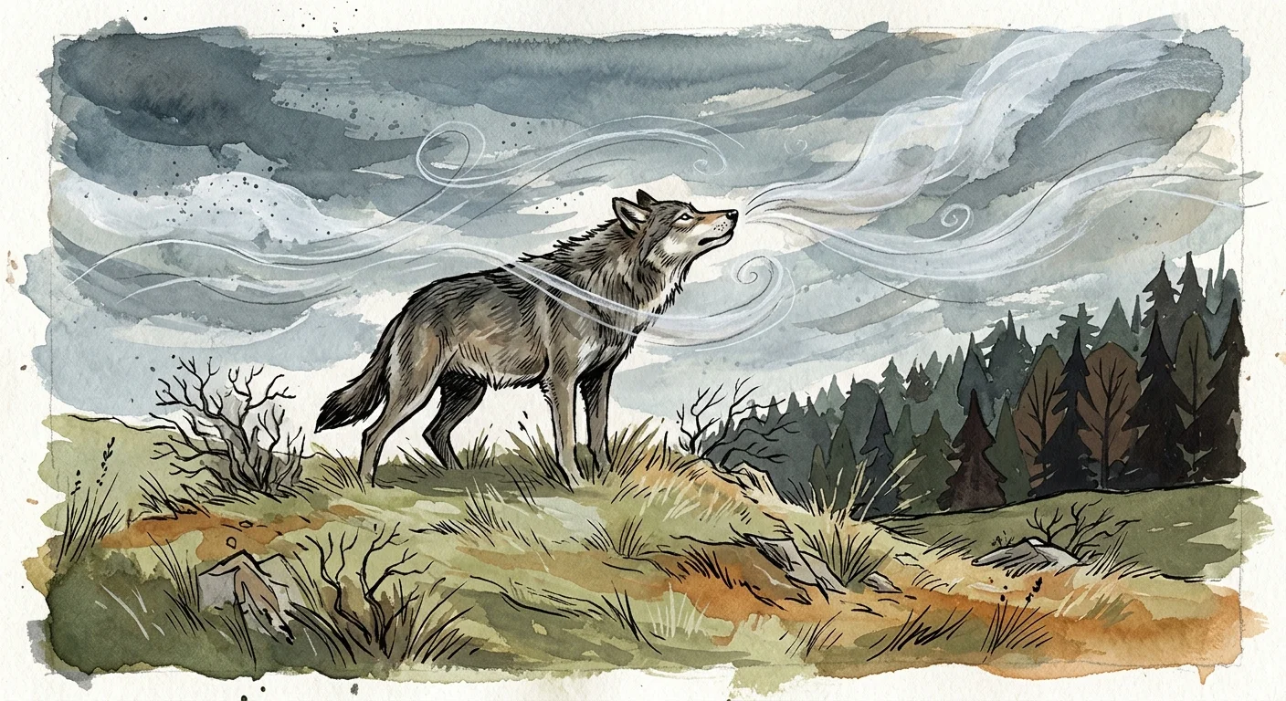 Artistic gouache illustration of a wolf on a grassy hill sniffing the wind to detect predators before sleeping.
