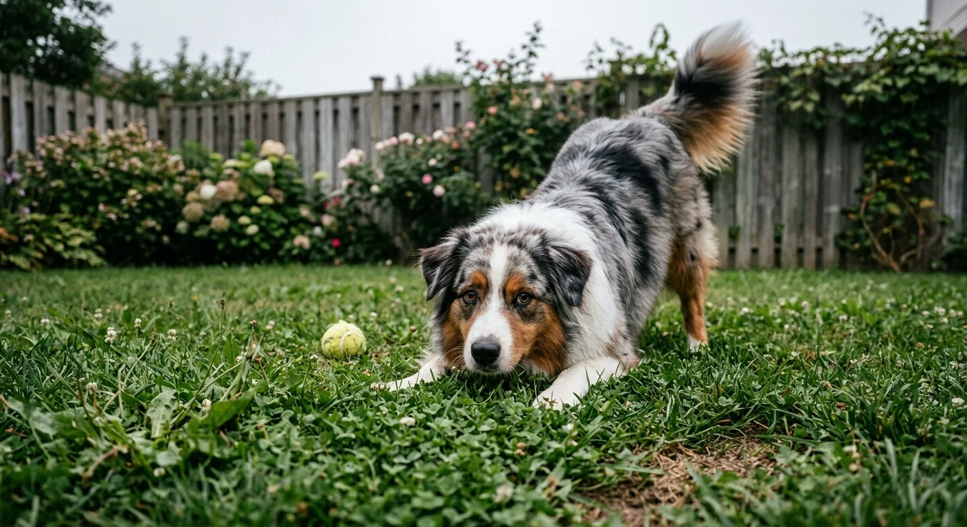 An Australian Shepherd lowers its front legs in a play bow on green grass beside a tennis ball in a fenced yard.