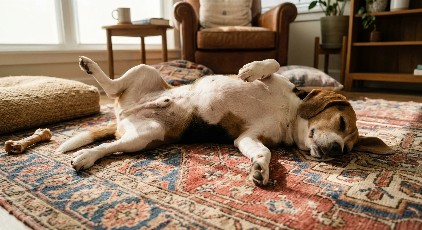A beagle sleeps flat on its back with paws in the air on an ornate rug in a sunlit living room.