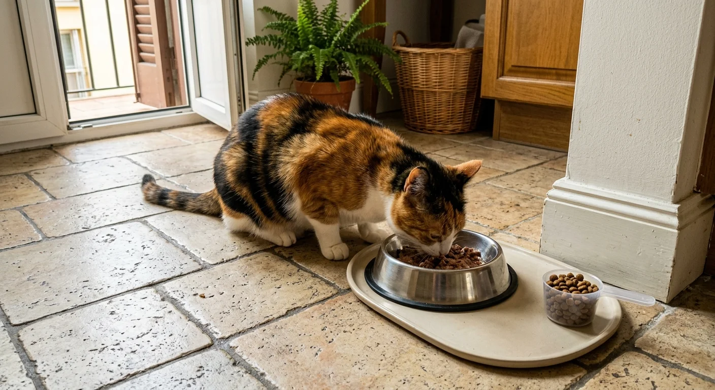 Calico cat eating wet food from a stainless steel bowl on a tiled floor beside a measuring scoop of dry kibble.