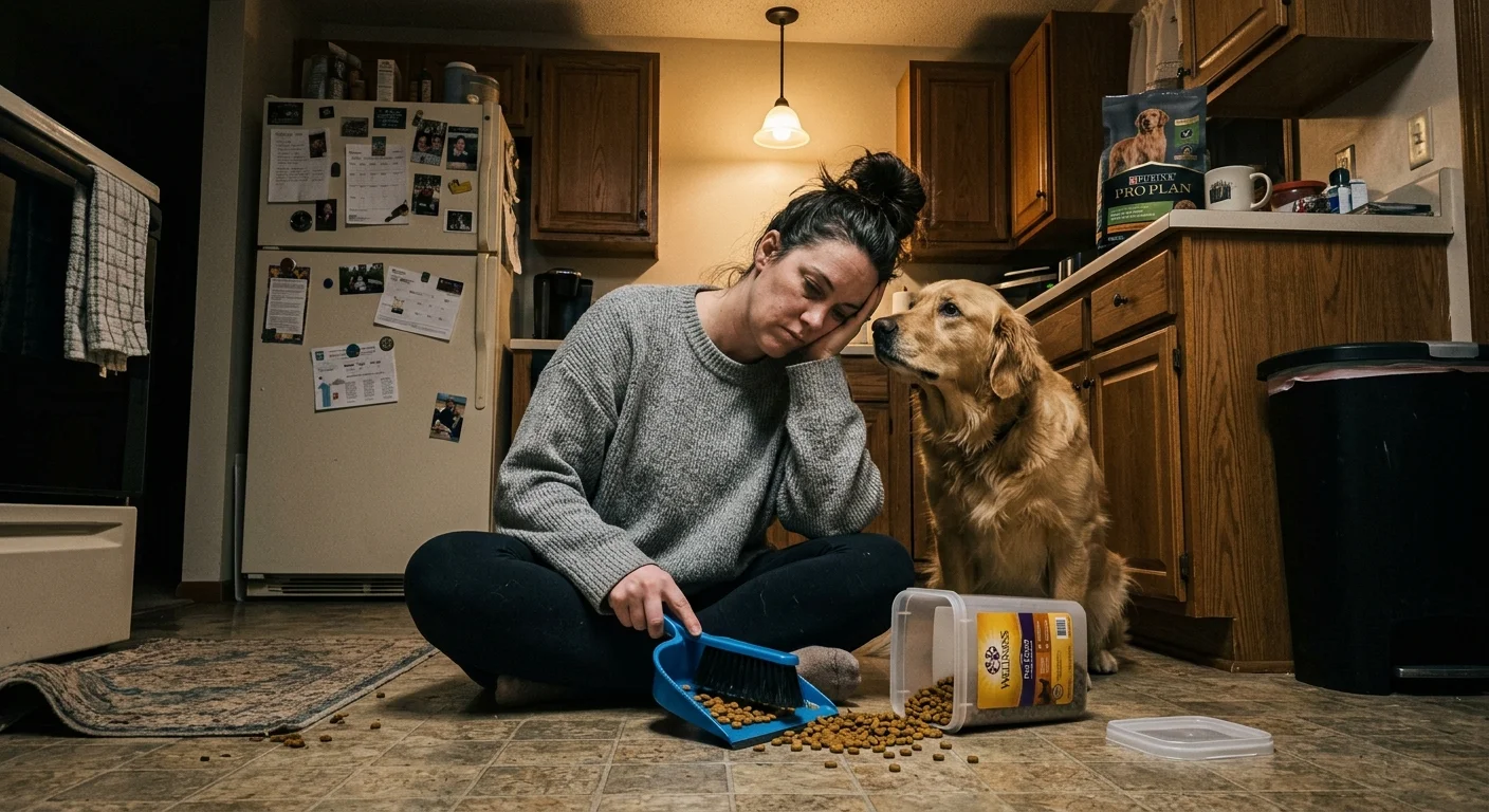 Candid photograph of an exhausted woman cleaning up pet food on her kitchen floor late at night, with her dog watching.