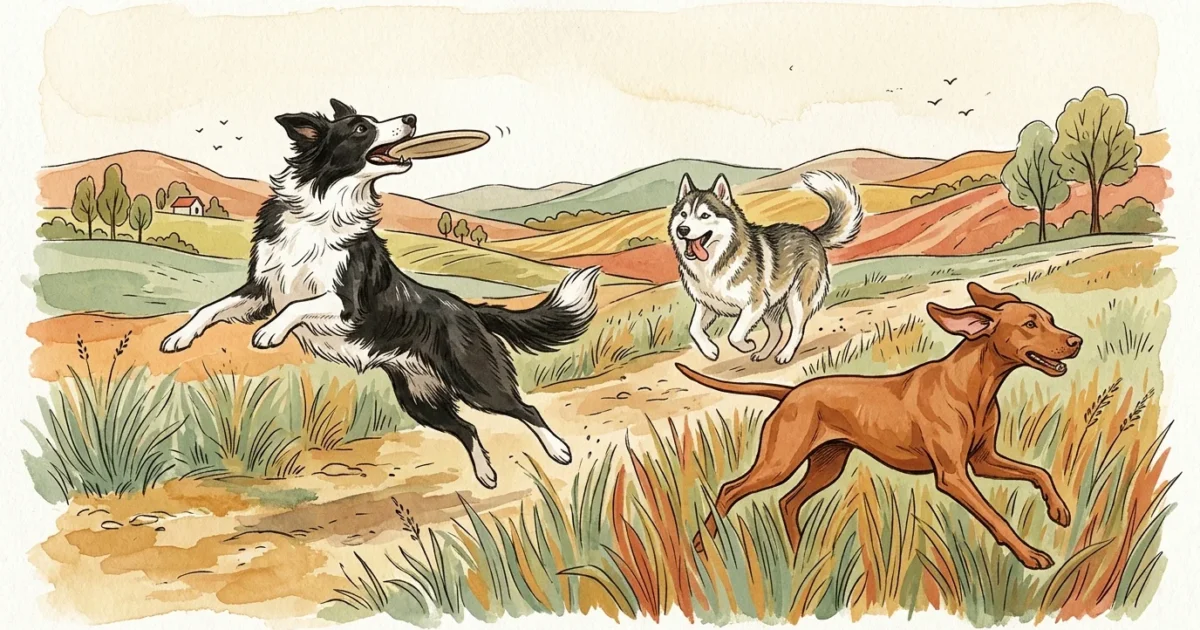 Charming gouache illustration of energetic dog breeds running and playing in a rolling green landscape under a soft cream sky.