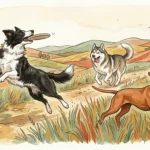 Charming gouache illustration of energetic dog breeds running and playing in a rolling green landscape under a soft cream sky.