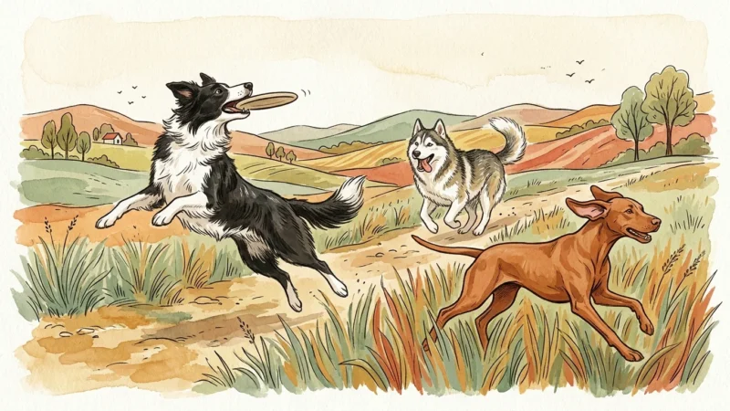 Charming gouache illustration of energetic dog breeds running and playing in a rolling green landscape under a soft cream sky.