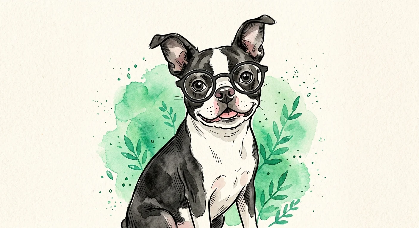 Charming illustration of a Boston Terrier wearing round black spectacles on a green background.
