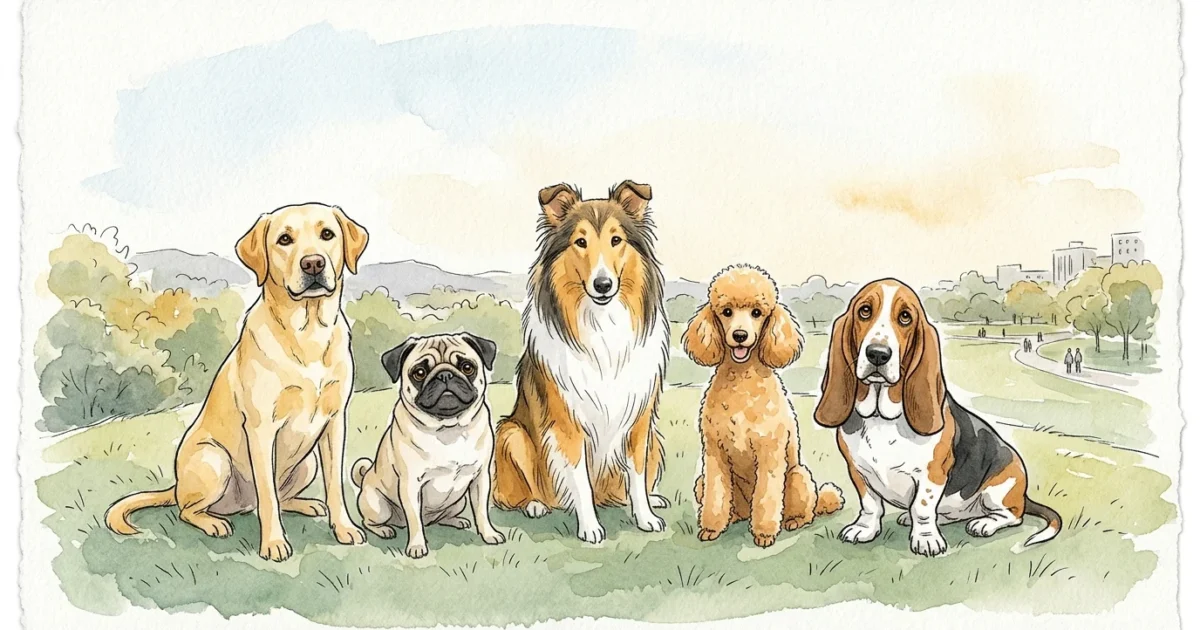 Charming watercolor illustration of five healthy dog breeds looking forward with bright, clear eyes.