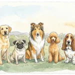 Charming watercolor illustration of five healthy dog breeds looking forward with bright, clear eyes.