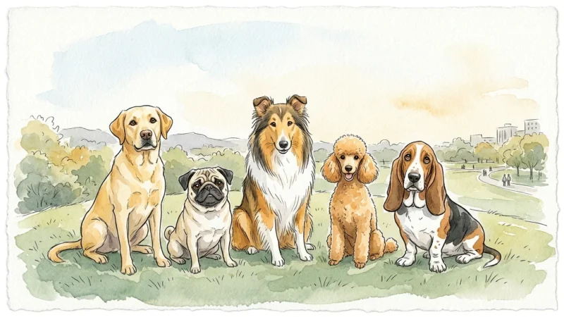 Charming watercolor illustration of five healthy dog breeds looking forward with bright, clear eyes.