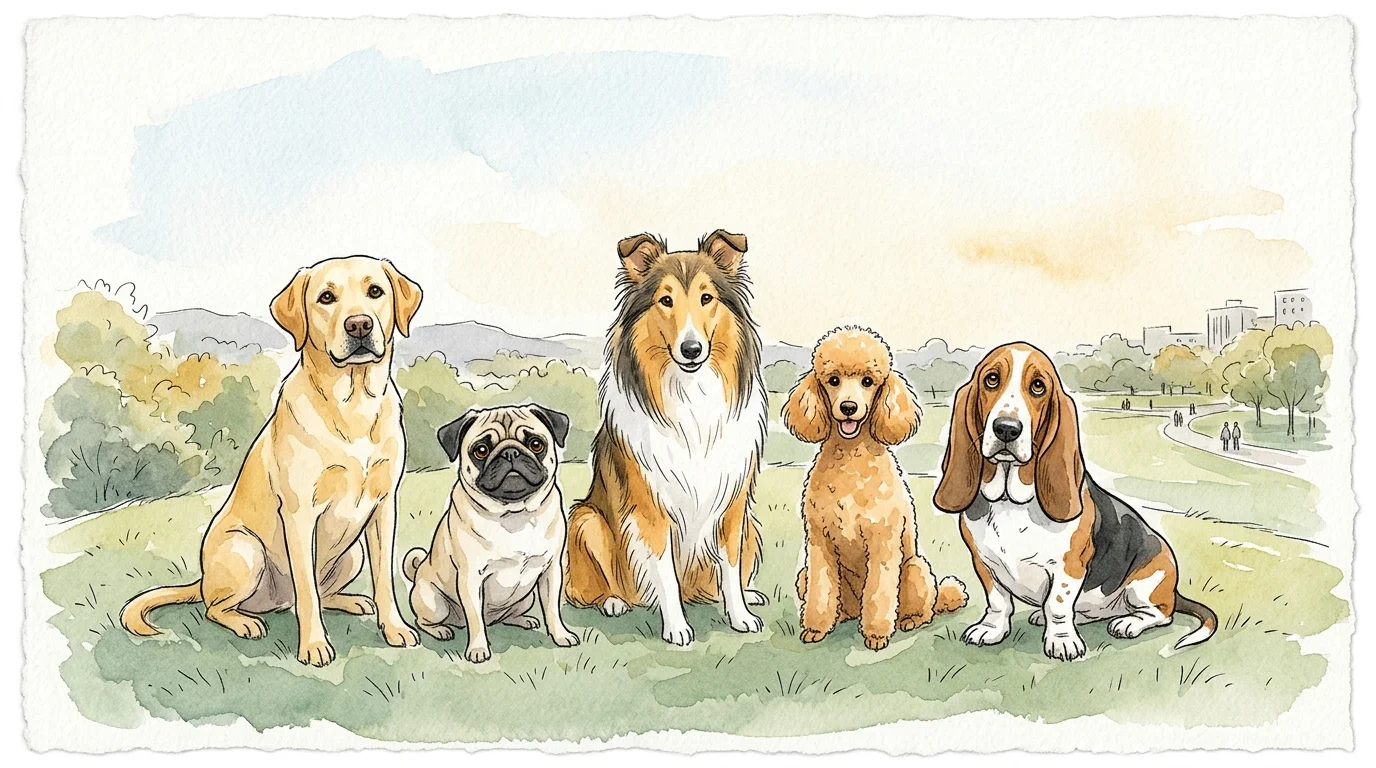 Charming watercolor illustration of five healthy dog breeds looking forward with bright, clear eyes.