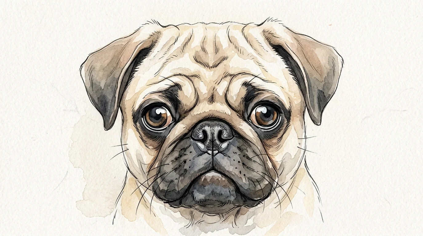 Charming watercolor portrait of a Pug highlighting its large, expressive eyes.
