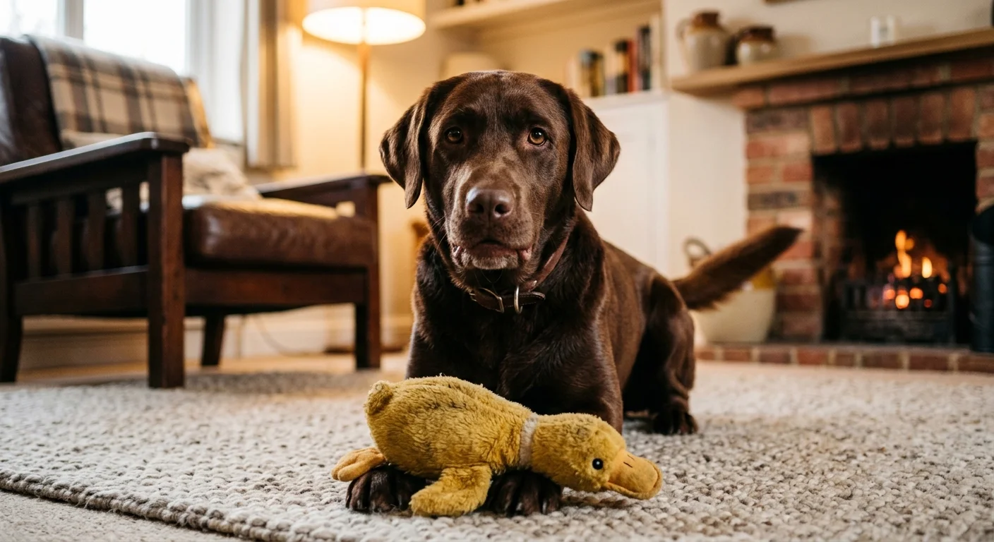 Chocolate Labrador retriever lying on a living room rug with a yellow plush duck toy between its front paws.