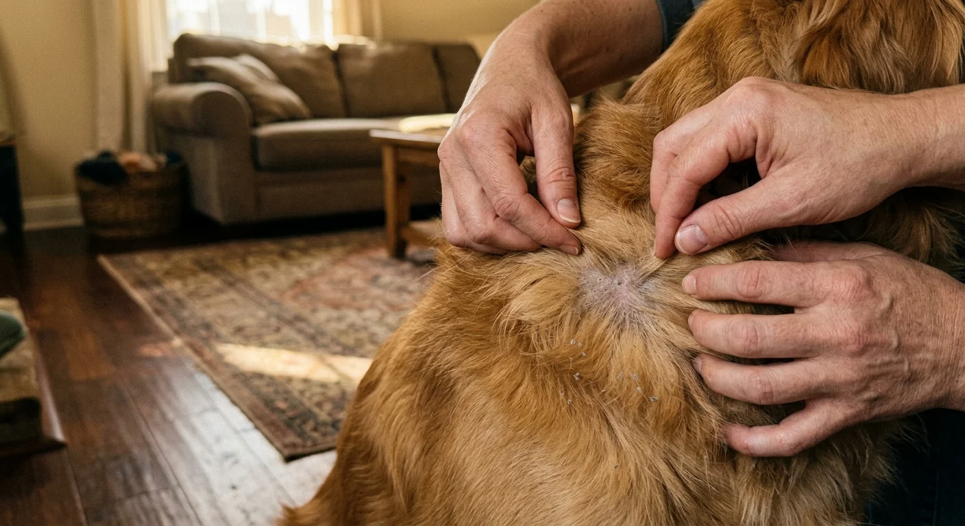 Close-up of a person's hands gently parting a dog's golden fur to examine dry, flaky skin under warm indoor sunlight.
