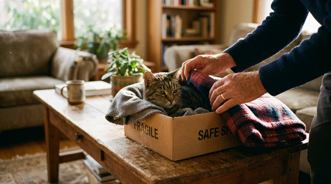 Close-up of a person's hands placing a soft blanket over a cat resting inside a cardboard box.