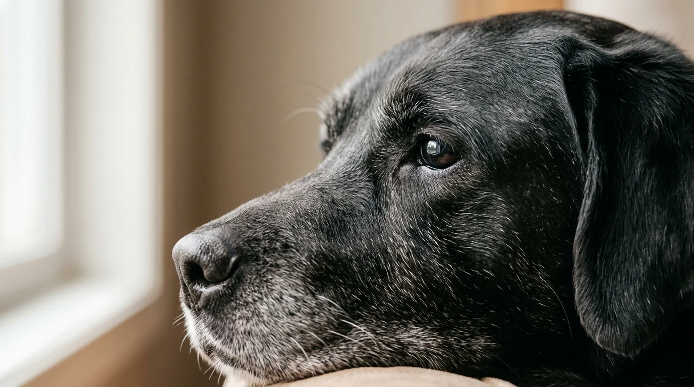 Close-up profile of a black dog with a grey muzzle resting its head and looking out a bright window.