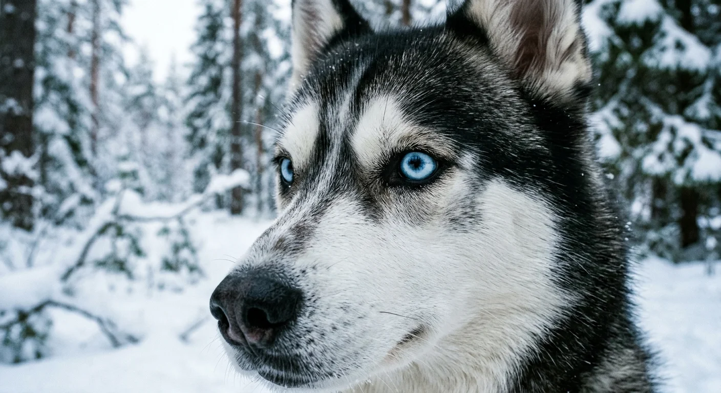 Close-up of a Siberian Husky's striking blue eye in a soft snowy setting.
