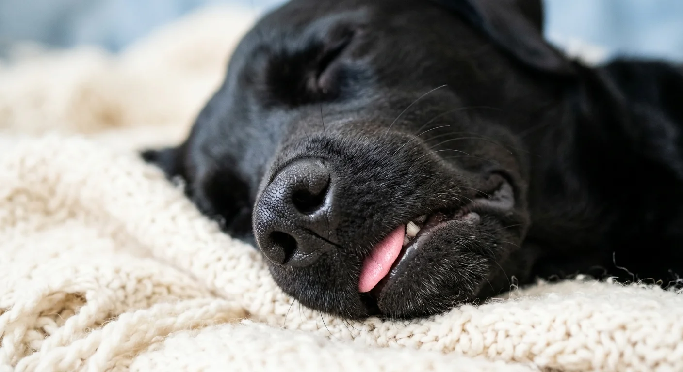 Close-up of a sleeping black dog with eyes closed and the tip of its pink tongue sticking out on a knit blanket.