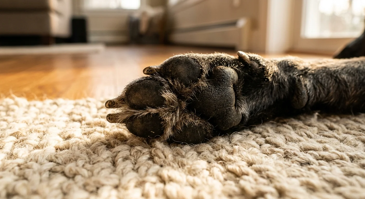 Close-up photo of a dog's paw pressing into a soft rug, capturing the texture of the paw pads and carpet fibers.