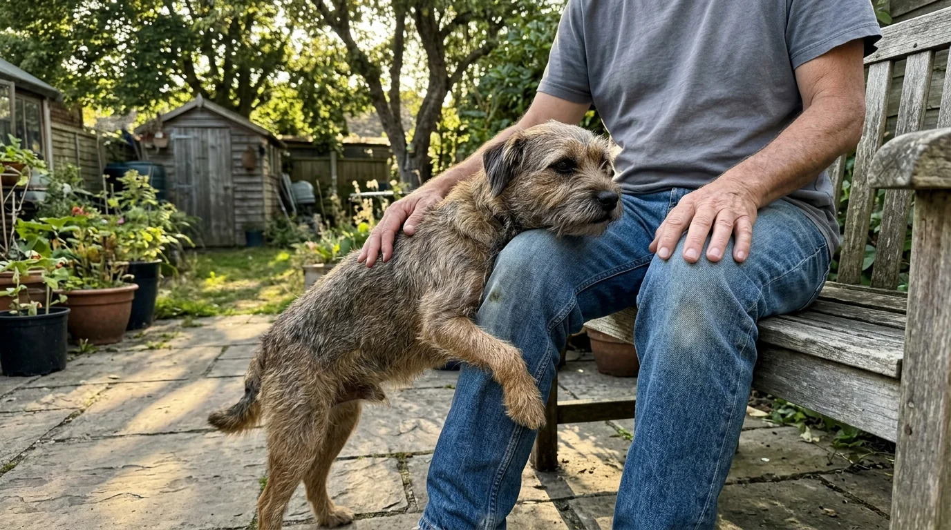 Close-up photo of a scruffy terrier leaning affectionately against its owner's leg on a sunny backyard patio.