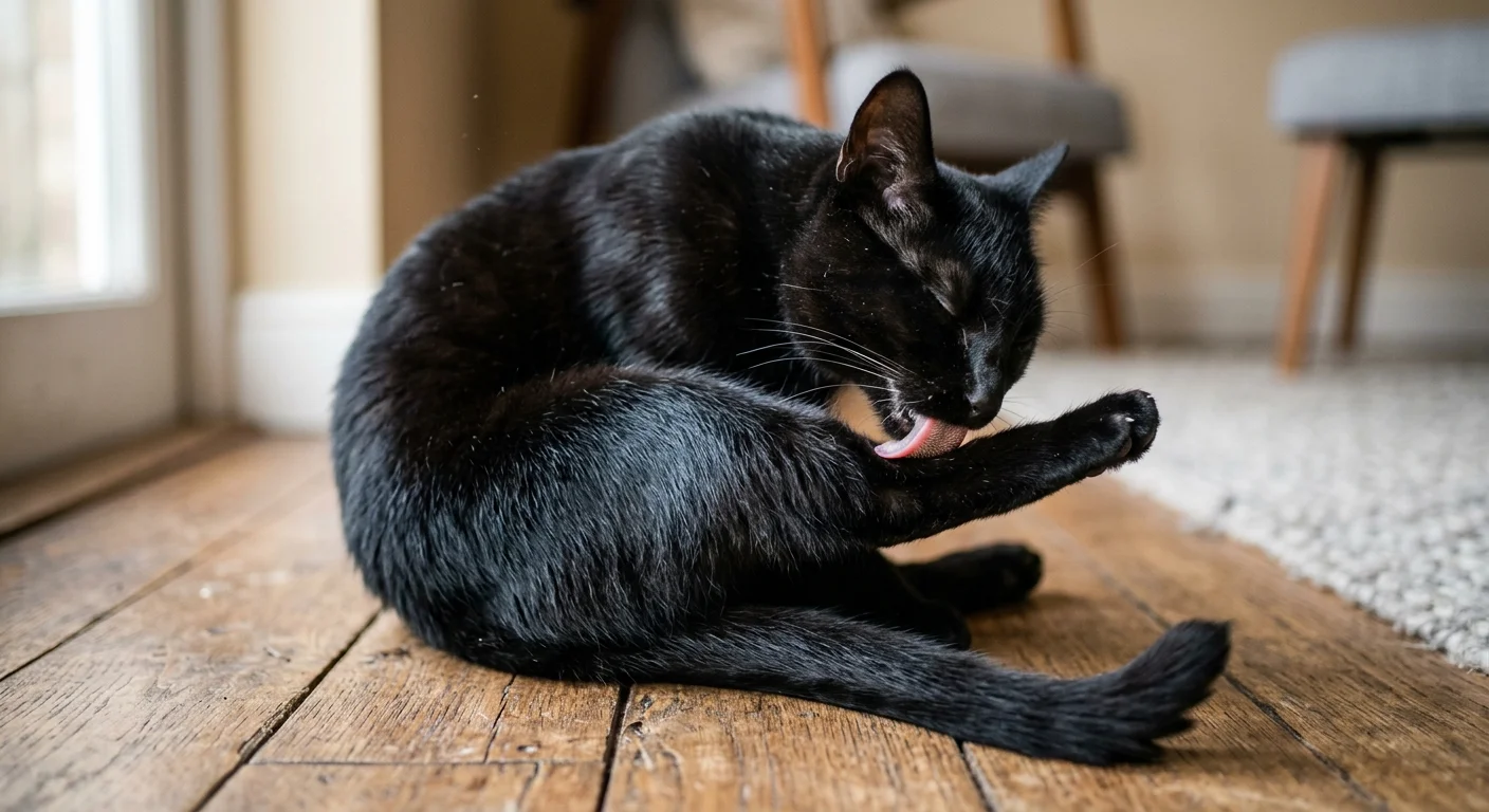 Close-up photograph of a sleek black cat calmly grooming its fur in soft morning light.