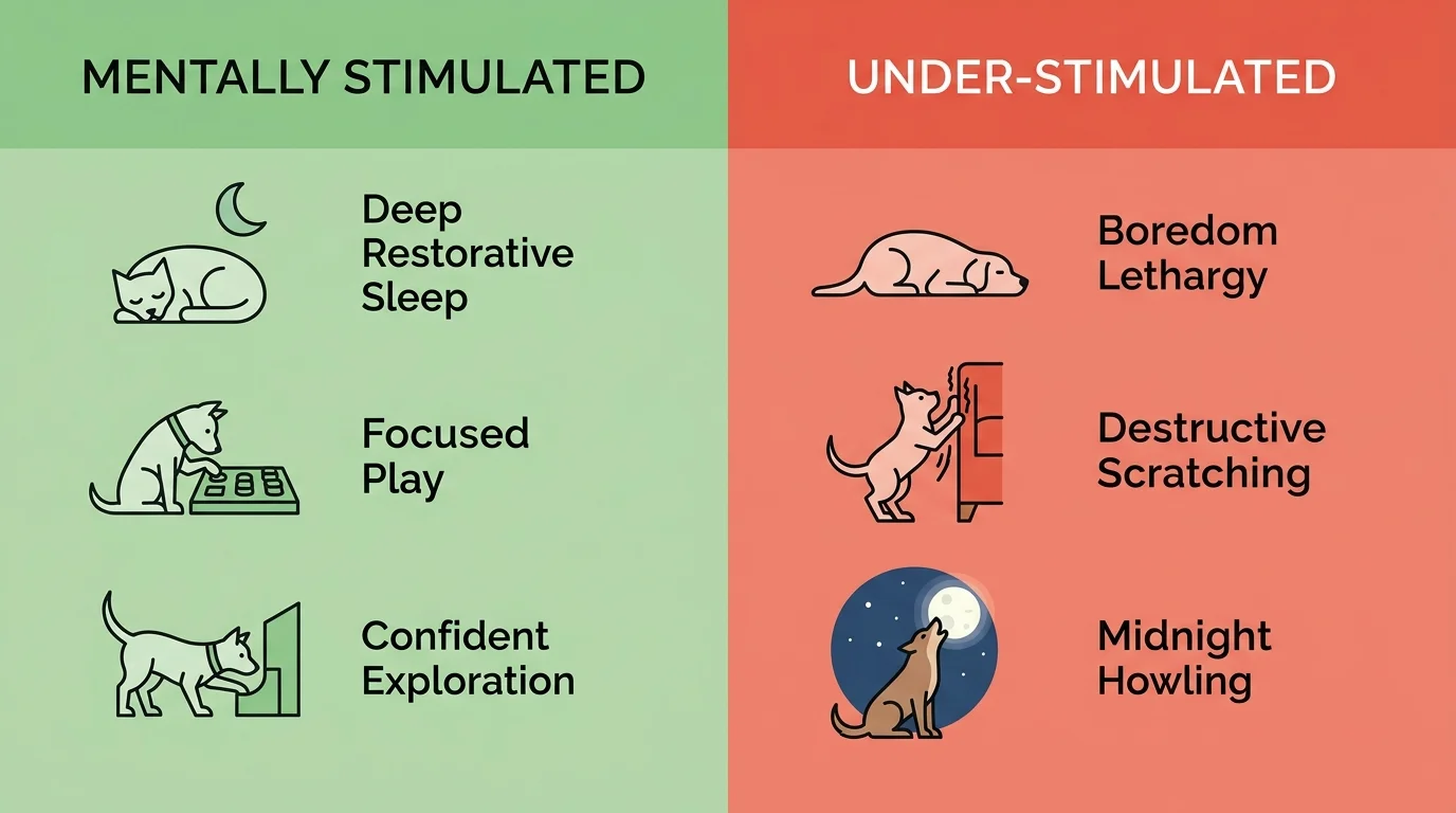 Comparative diagram showing behavior patterns of a mentally stimulated cat versus an under-stimulated cat.