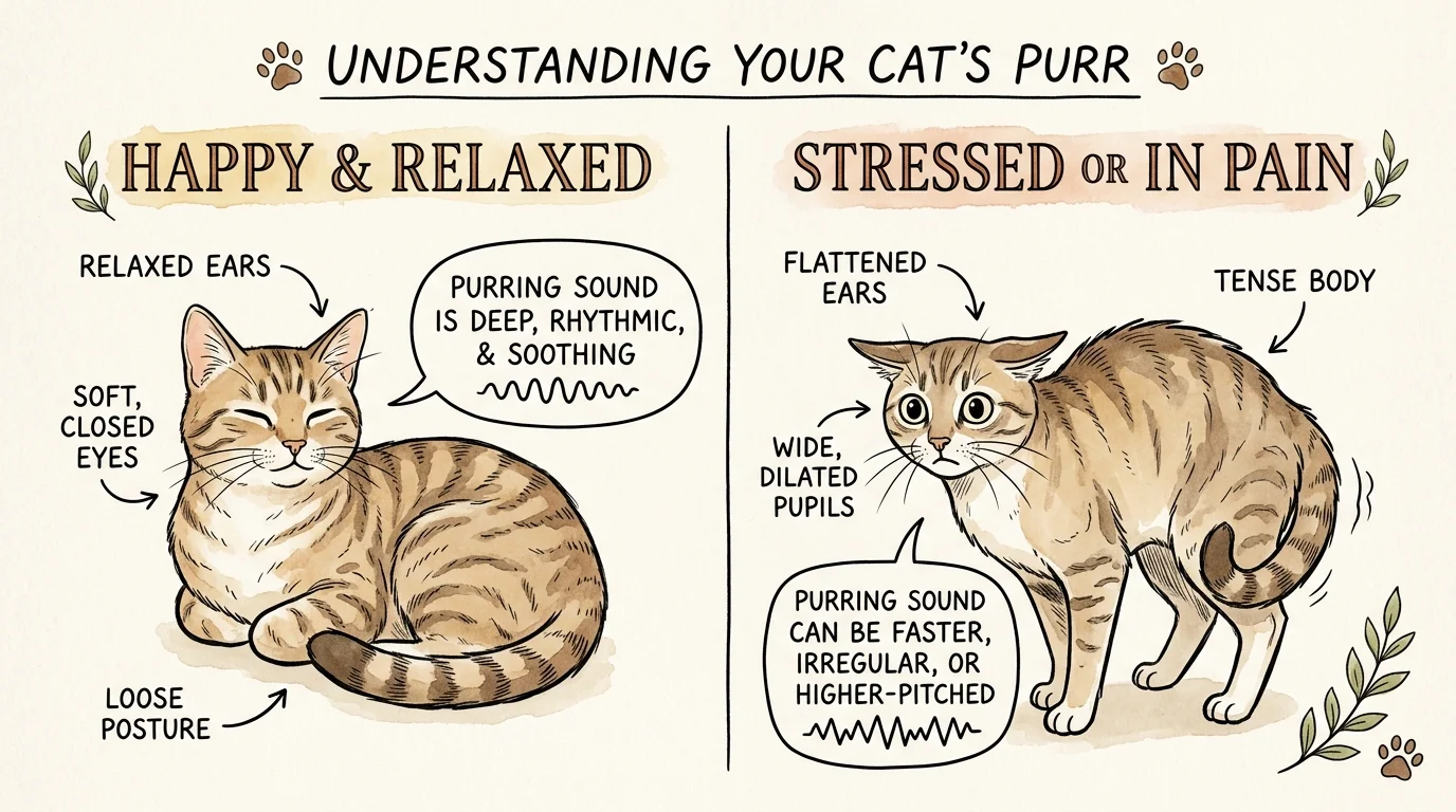 Comparative diagram showing body language differences between a happy cat and a stressed cat.