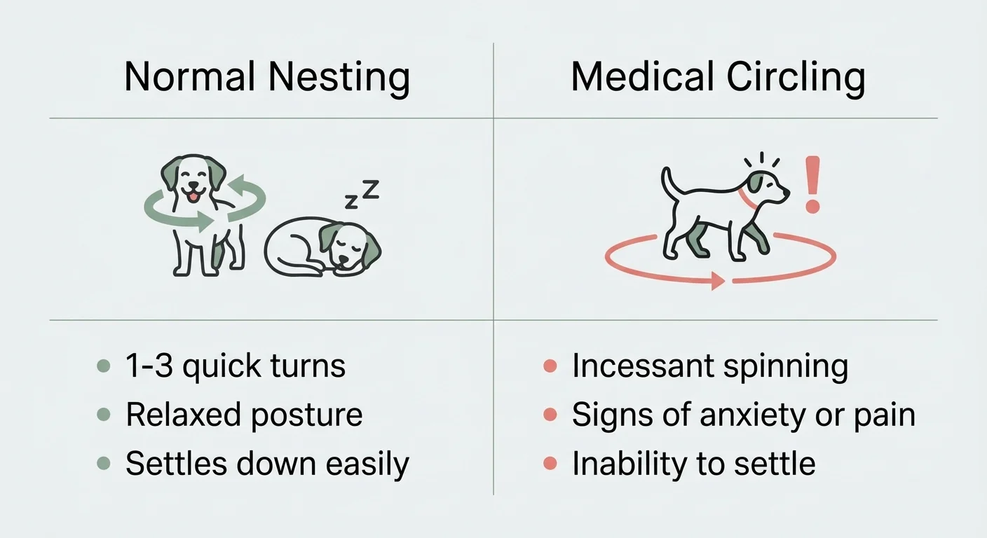 Comparison chart detailing the differences between normal pre-sleep nesting and compulsive medical circling in dogs.