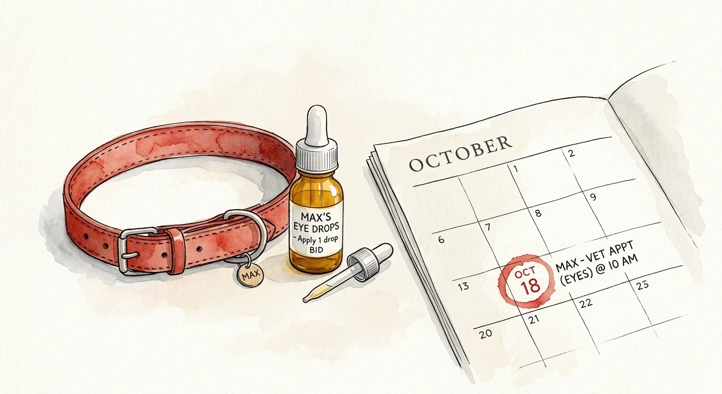 Conceptual watercolor illustration of a dog collar, eye drops, and a calendar with a circled date.