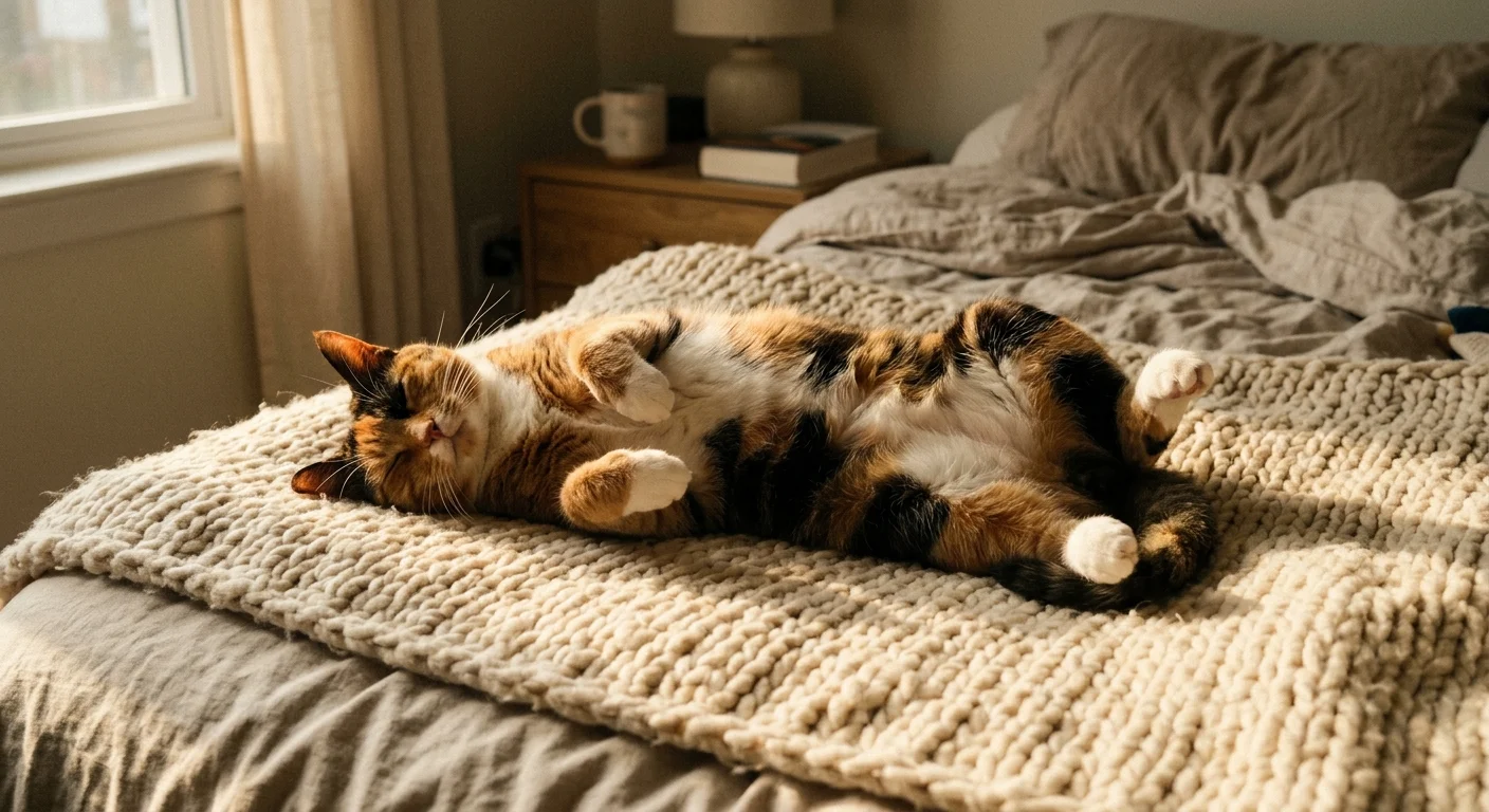 Cozy photograph of a calico cat sleeping deeply on its side on a soft blanket in warm afternoon light.