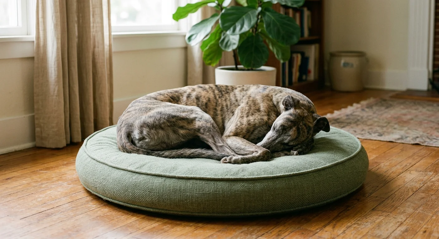 Cozy photograph of a greyhound curled in a perfect circle on an orthopedic bed in a sunlit living room.