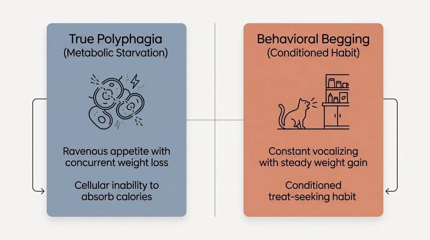 Diagram comparing True Polyphagia with cellular starvation against Behavioral Begging showing a vocal cat.
