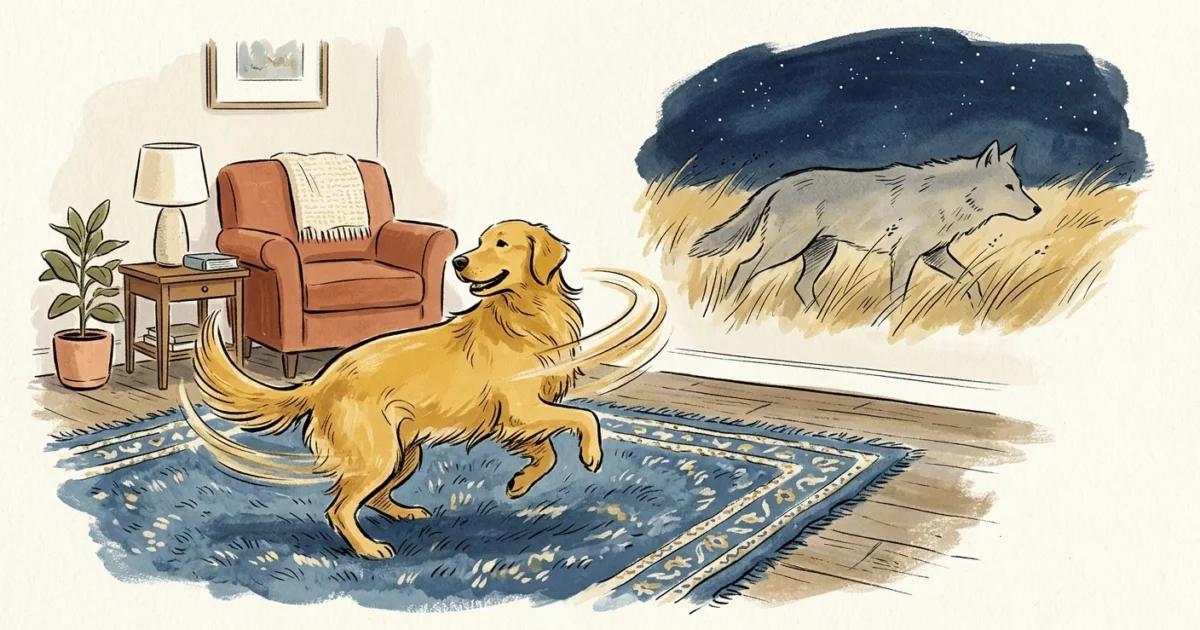 Editorial gouache illustration of a golden retriever spinning on a rug with a wolf shadow in the background.