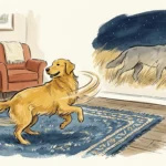 Editorial gouache illustration of a golden retriever spinning on a rug with a wolf shadow in the background.